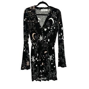 Ivyrevel Moon & Star Galaxy Space Galactic Print Bell Sleeve Deep V Mini Dress M